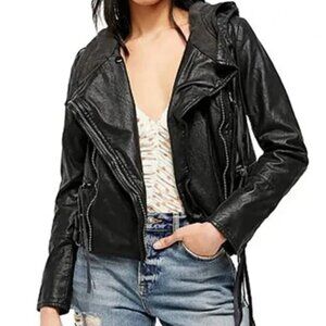 Free People We The Free Cleo Hooded Vegan Leather Moto Jacket Size L